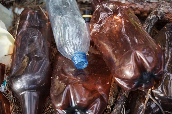 Garbage and human waste in nature. A plastic bottles lying on the grass in the forest.