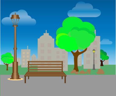 Güzel yaz Şehir Parkı arka bina şehir ile vektör Illustration. Akşam Park.