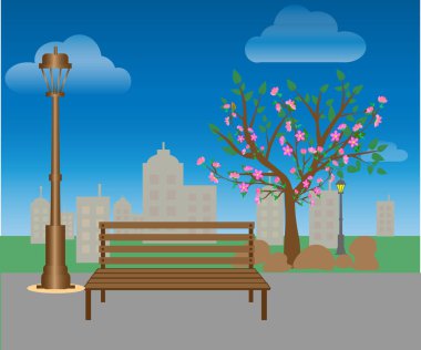 Şehir park bankında bir büyük yeşil ağaç ve fener arka planda kentsel peyzaj ile altında. Düz stil vektör çizim