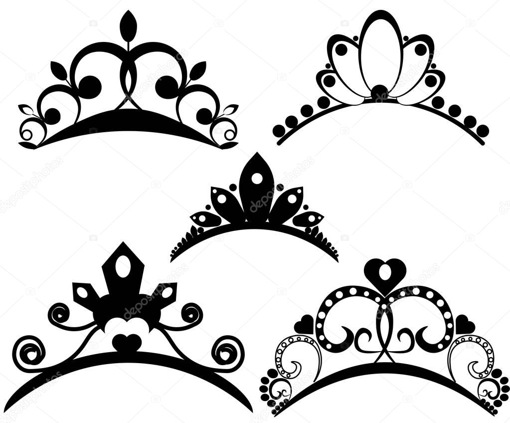 Vector tiaras set. Crown royal for queen or princess, symbol royalty illustration. Collection of vector heraldic crowns in vintage style