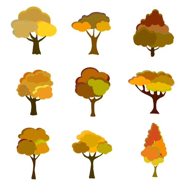 Vectorillustratie Set Herfst Bomen Met Geel Oranje Bladeren Geïsoleerd Witte — Stockvector