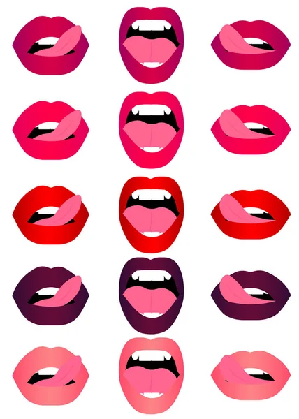 Woman Lip Gestures Set Girl Mouths Close Red Lipstick Makeup — 스톡 벡터