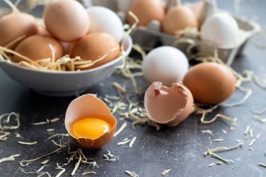 Taze organik çiğ yumurta, beyaz, bej ve kahverengi, bir kırık