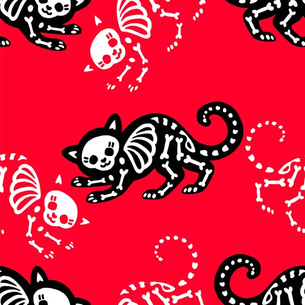 Sömlöst Mönster Skelett Katter Isolerade Röd Bakgrund Kan Användas För — Stock vektor