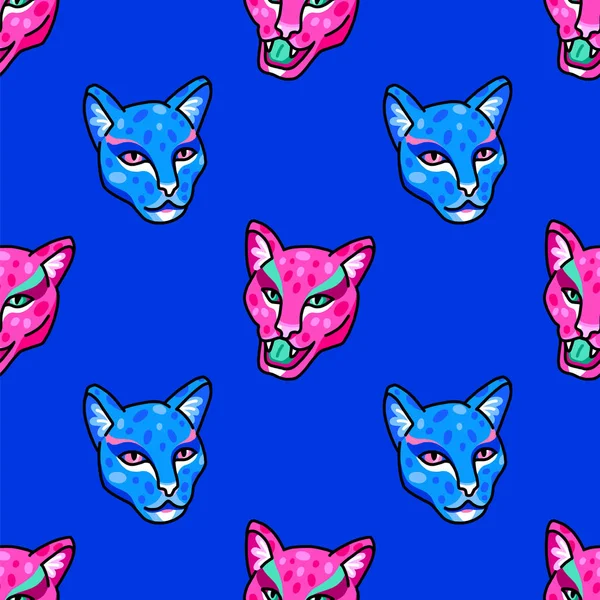 Seamless pattern. Wild cats isolated on blue background.