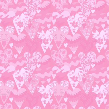 Açık pembe dikişsiz desen. Kalpler, çiçekler ve yapraklar. Pastel renkler.