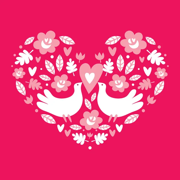 Srdce Holubi Květiny Přání Veselého Valentýna — Stockový vektor