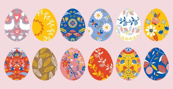 Gran Conjunto Hermosos Huevos Pascua Con Diferentes Diseños Feliz Pascua — Vector de stock