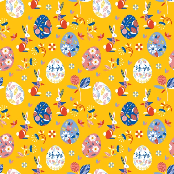 Beautiful Seamless Pattern Eggs Rabbits Easter Greeting Card Happy Easter — Stock Vector