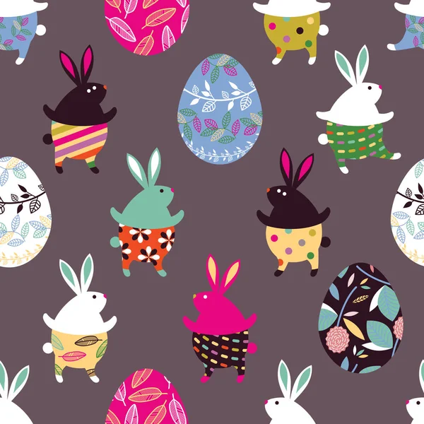 Patrón Sin Costuras Con Huevos Pascua Conejos Bailarines Lindos Divertidos — Vector de stock