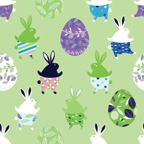 Patrón Sin Costuras Con Huevos Pascua Conejos Bailarines Lindos Divertidos — Vector de stock