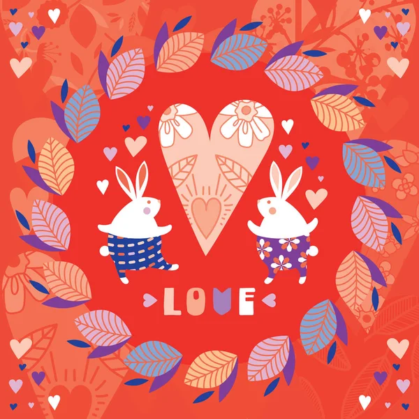 Lapins Amoureux Dans Cadre Fait Feuilles Fond Abstrait Des Cœurs — Image vectorielle