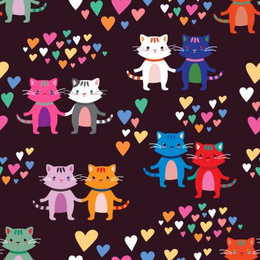 Kusursuz desen. Sevgi dolu kediler ve çok renkli kalpler. Sevgililer Günü için tebrik kartı.