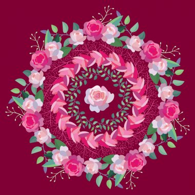 Koyu kırmızı bir arka plan üzerinde gül ve yaprakları güzel çelenk seti. Davetler, Sevgililer Günü, 8 Mart ve diğer tatiller için tebrik kartları için idealdir.