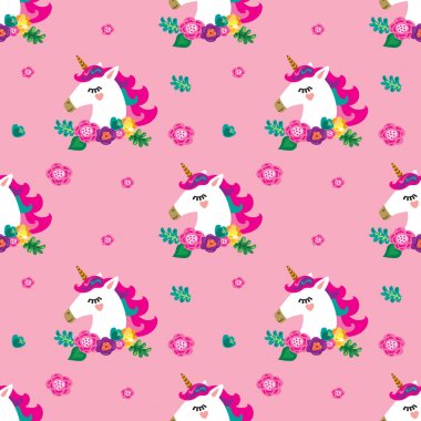 Kusursuz desen. Çiçek çelenk içinde sevimli bir tek boynuzlu at.