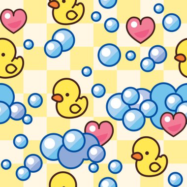 Çocukların kusursuz düzeni. Sarı kauçuk ördekler, sabun köpüğü ve kalpler. Japon tarzı kawaii.