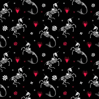 Kusursuz desen. Efsanevi hayvanların anatomisi. Tek boynuzlu at ve mermicorn kalpler ve çiçekler arasında. Mermicorn deniz kızı kuyruğu olan tek boynuzlu bir attır. Cadılar Bayramı ve Ölüler Günü için harika. Sevgililer Günü 'nde Gotik tebrik kartı olarak da kullanılabilir..