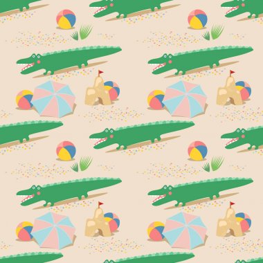 Yaz plaj sorunsuz desen. Timsah oyuncak, top, şemsiye, kum kale. Güneşli bir plajda oynayın.