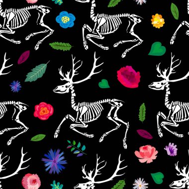 Seamless pattern. Skeleton of a deer in flowers. Great for printing on T-shirts, for tattoos and more. Ideal for decoration of Halloween and the Day of the Dead.