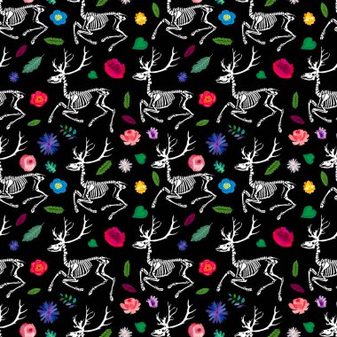 Seamless pattern. Skeleton of a deer in flowers. A deer in a blooming garden. Great for printing on T-shirts, for tattoos and more. Ideal for decoration of Halloween and the Day of the Dead.