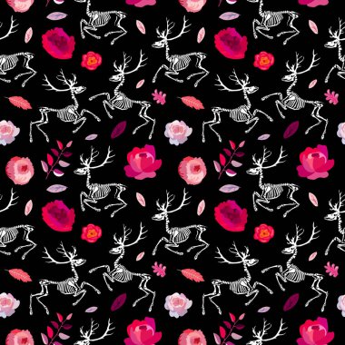 Seamless pattern. Skeletons of deer dance in a blooming garden. Great for printing on T-shirts, for tattoos and more. Ideal for decoration of Halloween and the Day of the Dead.