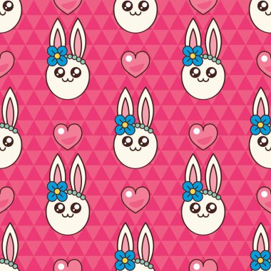 Sevimli tavşan dikişsiz desen. Beyaz tavşanlar ve kalpler. Paskalya tebrik kartı.