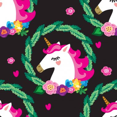 Kusursuz desen. Yaprak ve çiçek bir çerçeve içinde bir tek boynuzlu at portresi. Yaprak çelengi.