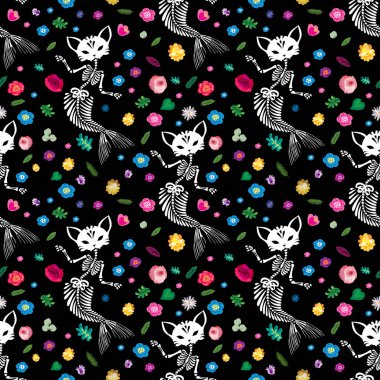 Kusursuz desen. Purrmaids ve çiçekler. Purrmaid bir denizkızı kuyruğu olan bir kedi. T-kısa baskı, poster veya kart için kullanılabilir. Cadılar Bayramı, Ölüler Günü ve daha fazlası için idealdir.