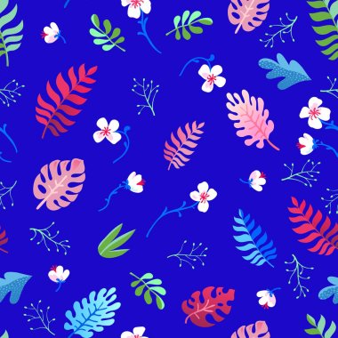 Kusursuz desen. Tropikal çiçekler ve mavi bir arka plan üzerinde yaprakları. Egzotik bitkiler. Kağıt ve kumaş üzerine baskı için harika.