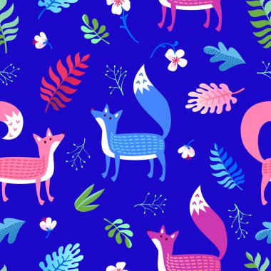 Çocukların kusursuz düzeni. Gece yağmur ormanlarında çok renkli tilkiler. Egzotik bitkiler, çiçekler ve yapraklar.