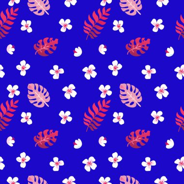 Sevimli sorunsuz desen. Tropikal çiçekler ve mavi bir arka plan üzerinde yaprakları. Egzotik bitkiler. Kağıt ve kumaş üzerine baskı için harika.