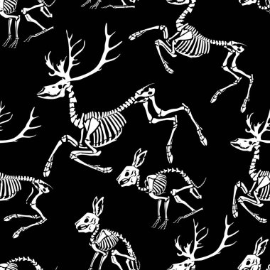 Seamless pattern. Skeletons of deer and rabbits. Anatomy of animals. Skulls and bones. Great for printing on T-shirts, for tattoos and more. Ideal for decoration of Halloween and the Day of the Dead.