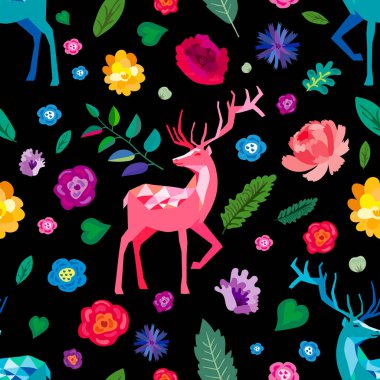 Kusursuz desen. Gece çiçek bahçesinde sihirli geyik. Peri masalı süsü.