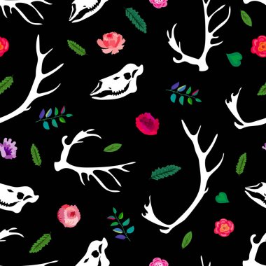 Kusursuz desen. Geyiklerin kafatası ve boynuzları çiçekler arasındadır. Çiçek açan bahçe ve av ganimetleri. Bir t-shirt baskı için harika. Cadılar Bayramı ve Ölüler Günü dekorasyonu için idealdir.