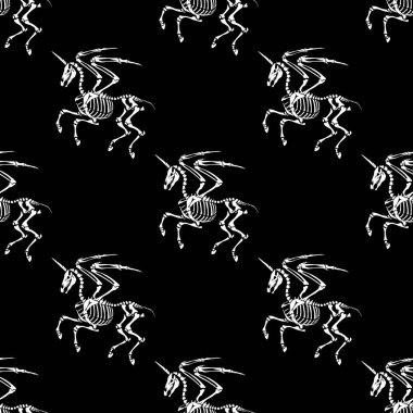Seamless pattern. Skeleton of a pegasus unicorn on a black background. Legendary animals. Great for printing on T-shirts, for tattoos and more. Ideal for decoration of Halloween and the day of the dead.