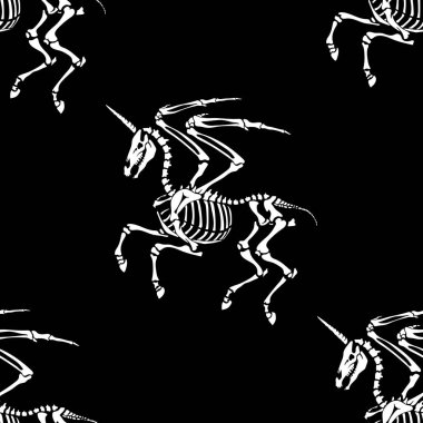 Seamless pattern. Skeleton of a pegasus with horn on a black background. Legendary animals. Great for printing on T-shirts, for tattoos and more. Ideal for decoration of Halloween and the Day of the dead.