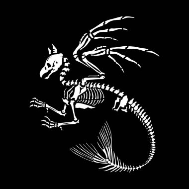 Siyah bir arka plan üzerinde bir denizkızı kuyruğu ile bir gryphon İskeleti. Efsanevi bir hayvan. Bestiary, ne kadar iyi. Fantastik canavarların anatomisi. T-shirt baskı için harika, dövmeler ve daha fazlası için. Cadılar Bayramı ve Ölüler Günü dekorasyonu için idealdir.