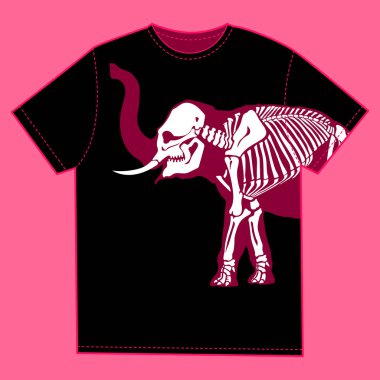Üzerinde baskı fil iskeleti olan siyah tişört.