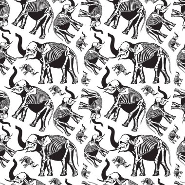 Seamless pattern. Skeleton of an elephant on a white background. Anatomy of the mammoth. Ancient fossil animal. Great for printing on a T-shirt. Ideal for decoration of Halloween.
