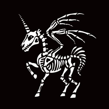 Siyah bir arka plan üzerinde Pegasus Tek boynuzlu at iskeleti. Dövme veya bir t-shirt baskı için harika. Cadılar Bayramı ve Ölüler Günü dekorasyonu için idealdir.