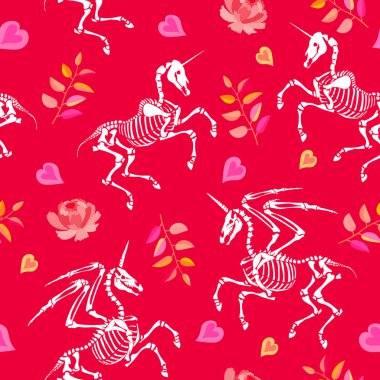 Kusursuz desen. Gotik Sevgililer Günü. Çiçekler, yapraklar ve kalpler arasında Tekboynuz ve Pegasus iskeletleri. Efsanevi yaratıkların sevgisi. Romantizm ve gotik.