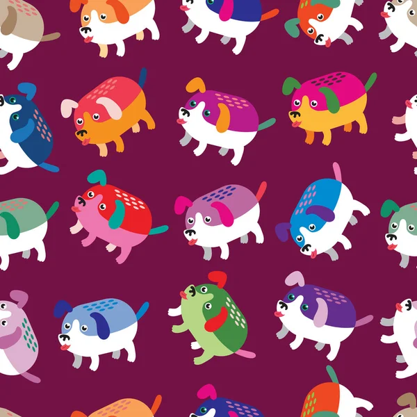 Seamless pattern. Lovely colorful dogs. Funny puppies on a dark red background.
