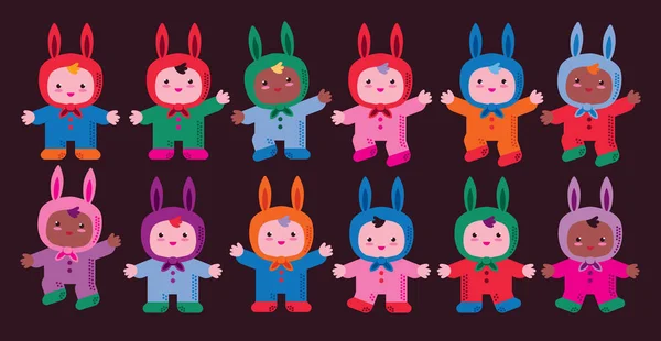 Маленькі Діти Грають Танцюють Костюмах Великодніх Кроликів Група Дитячого Садка — стоковий вектор