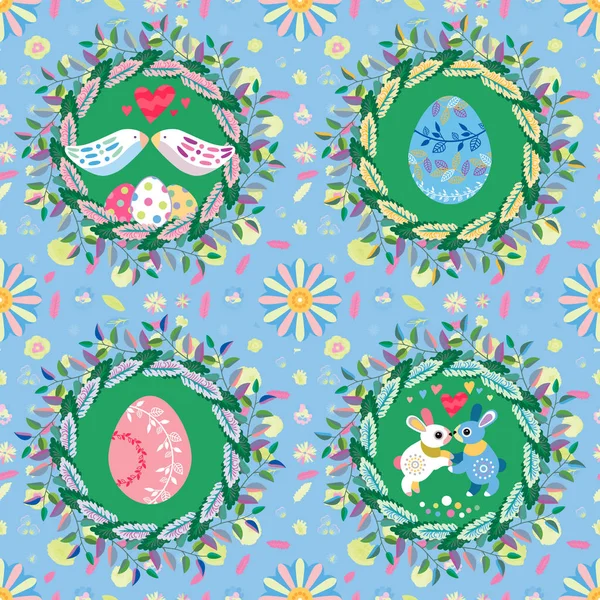 Easter Seamless Pattern Enamored Birds Nest Enamored Rabbits Wreath Leaves — Stock Vector