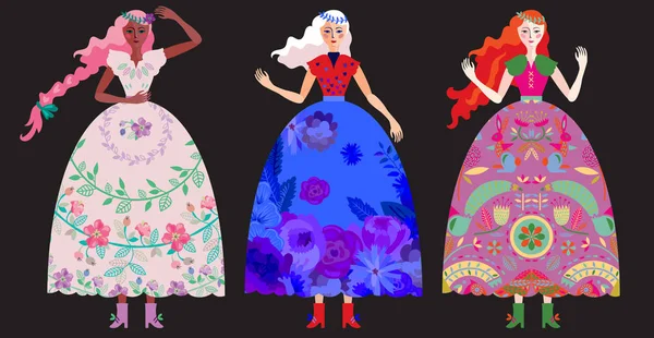 Три Девушки Красивых Длинных Праздничных Платьях Модная Дизайнерская Одежда Цветочная — стоковый вектор
