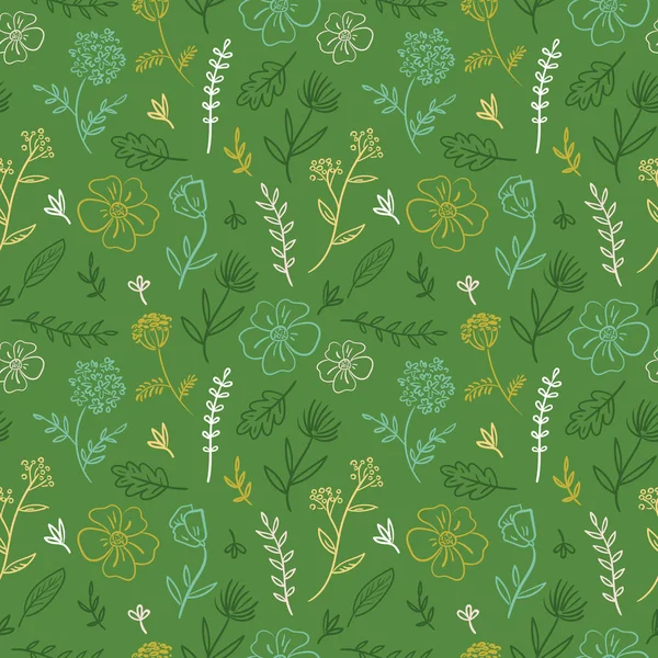 Motif Floral Sans Couture Fleurs Sauvages Sur Fond Vert — Image vectorielle