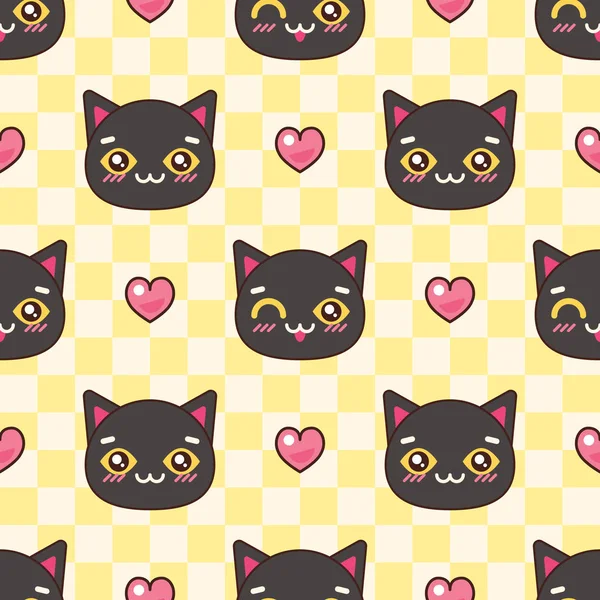 Seamless Pattern Lovely Cats Hearts Checkerboard Background Japanese Style Kawaii — Stock Vector