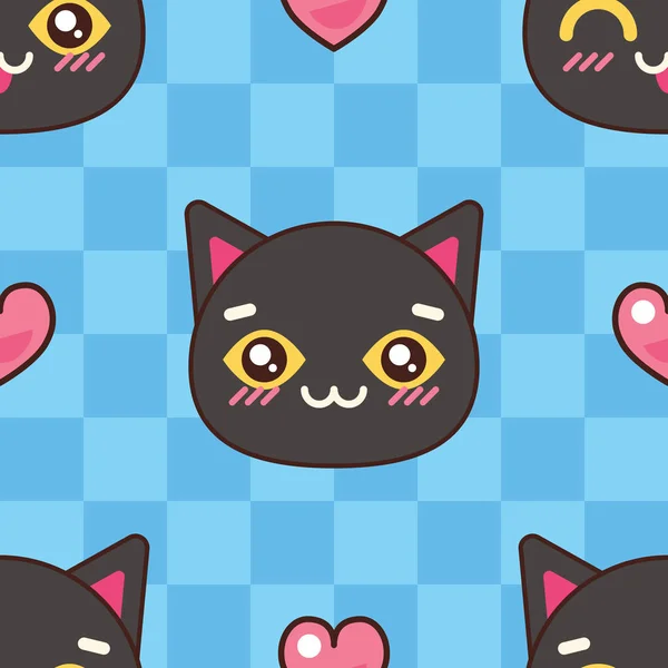 Patrón Sin Costuras Gatos Corazones Encantadores Sobre Fondo Tablero Ajedrez — Vector de stock