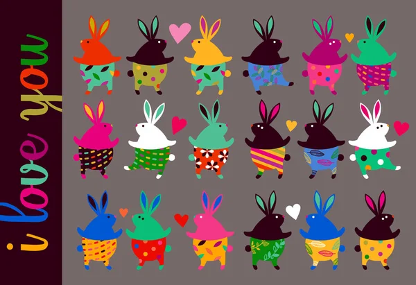 Una Serie Conigli Alla Moda Eleganti Conigli Innamorati Sono Riuniti — Vettoriale Stock