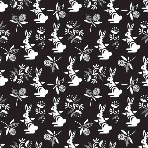 Patrón Sin Costuras Con Estilo Conejos Flores Blanco Negro — Archivo Imágenes Vectoriales